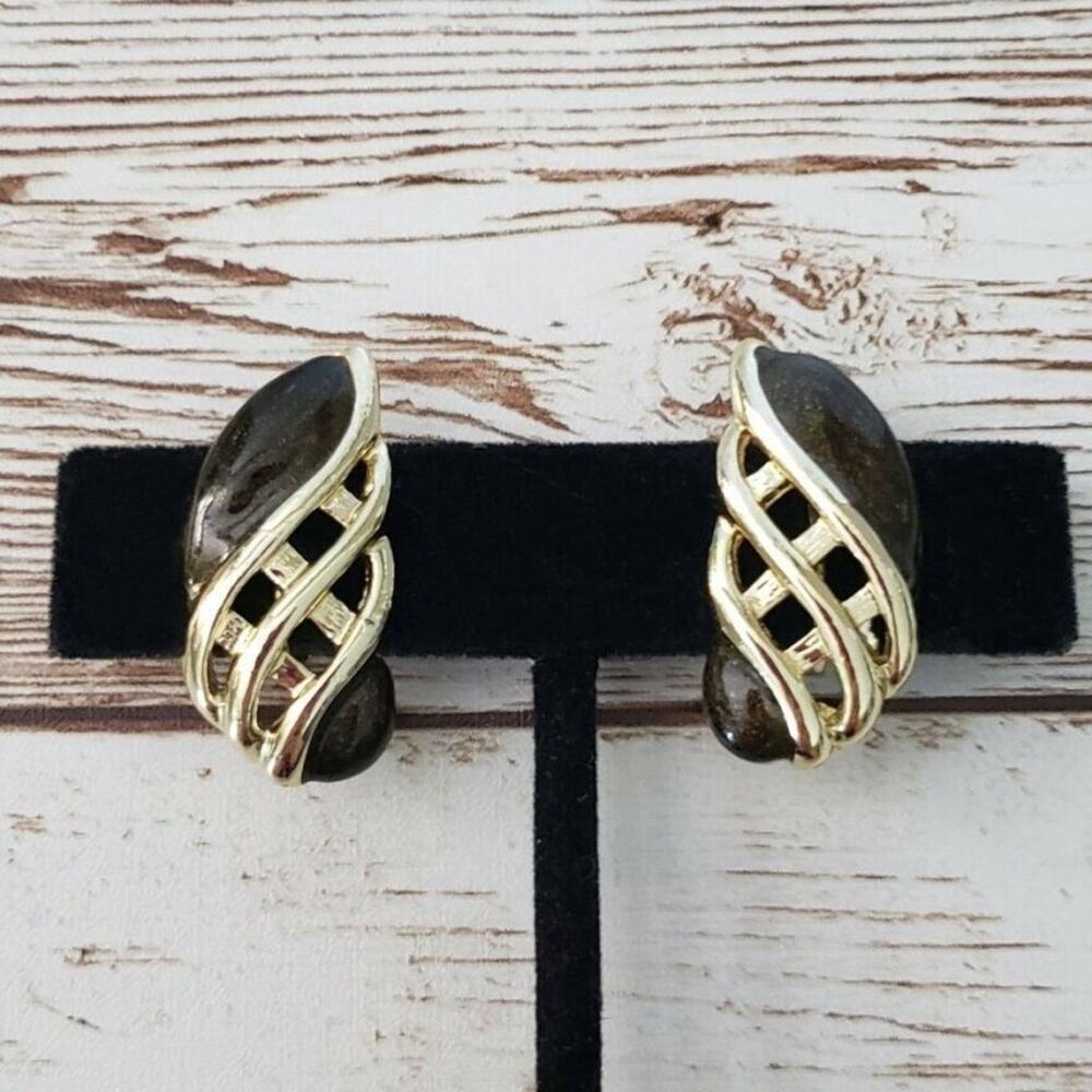 Vintage Clip On Earrings Elegant Black & Gold Tone Statement Earrings